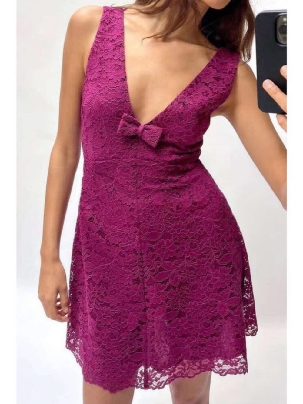 NWT Zara Fuchsia Lace Mini Dress Front Bow Women’s Medium Party Wedding Cocktail